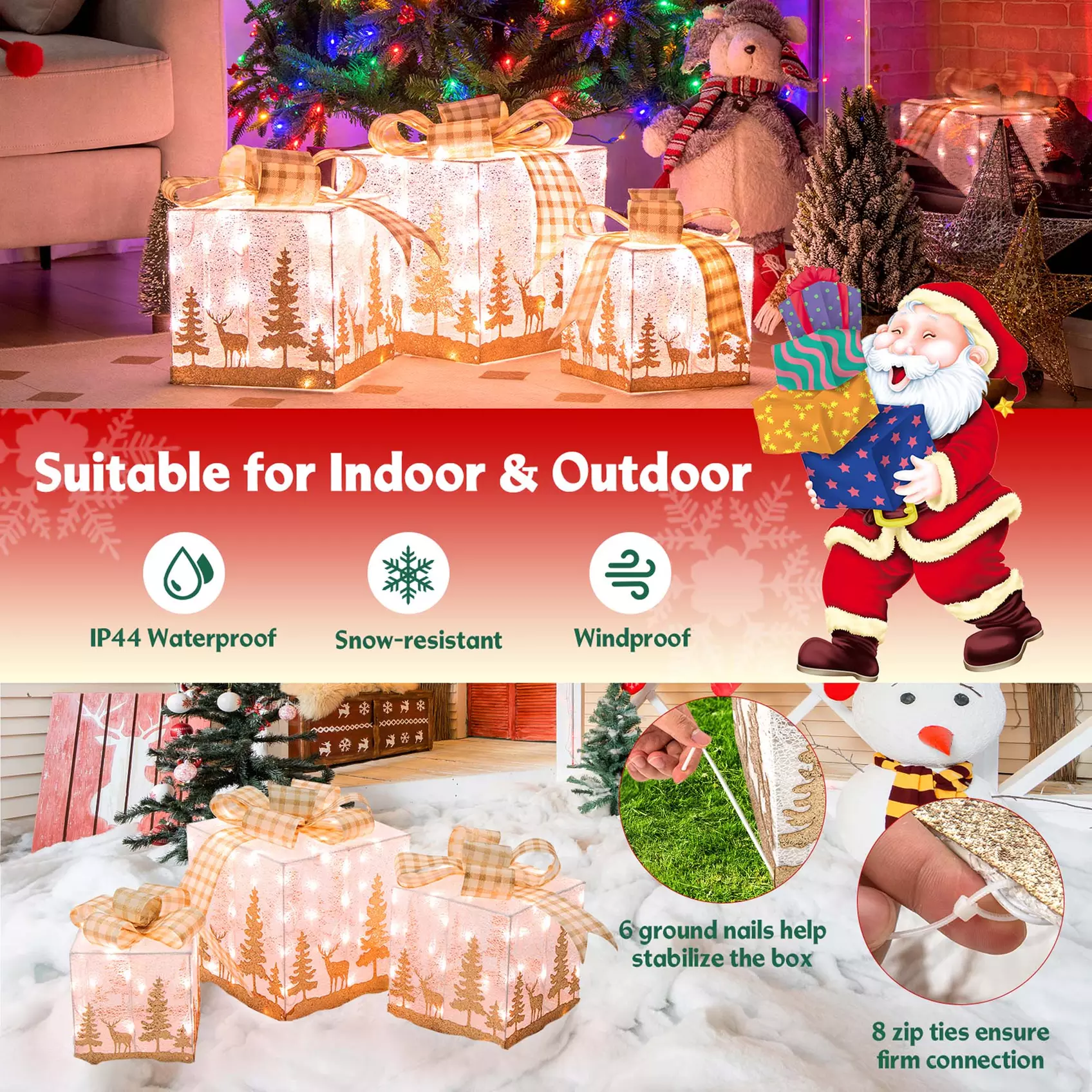 Costway 3 Sets Iridescent Christmas Gift Box LED Lighted Present Box Decor Yard