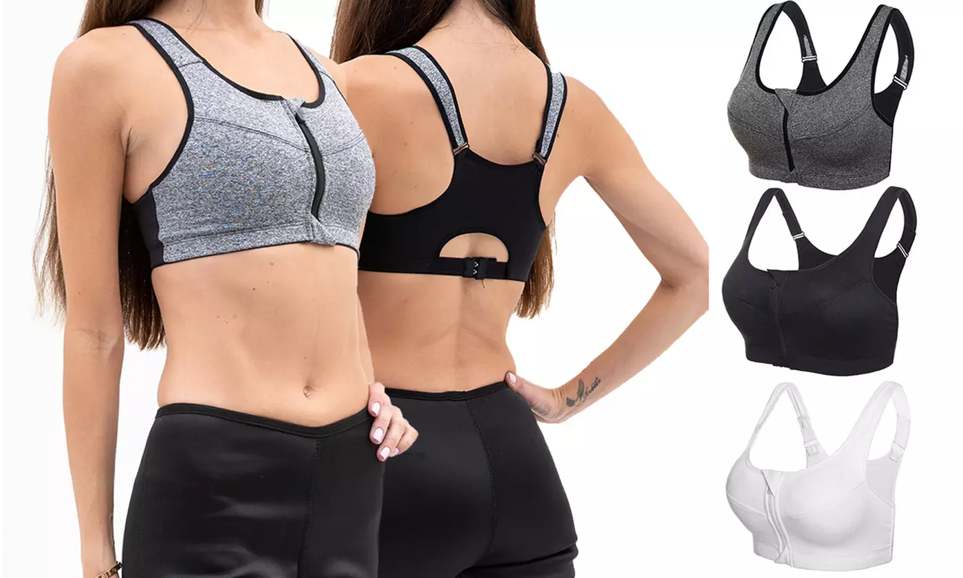 Woman's High Impact Front Zip Wireless Padded Cup Tank Top Gym Active Sports Bra - Primary Image