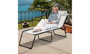 Costway Folding Beach Lounge Chair Heightening Design Patio Lounger w/ Pillow