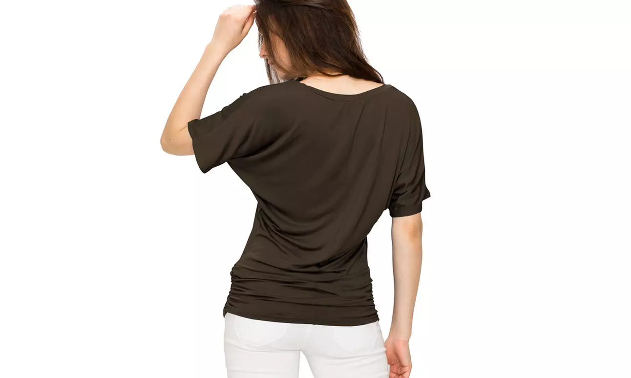 Made by Johnny Womens Solid Short Sleeve V-Neck Dolman Top with Side Shirring