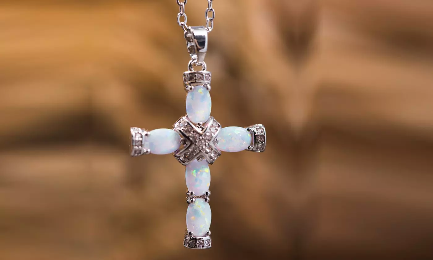 Genuine Rhodium Plated White Fire Opal Fancy Cross Necklace