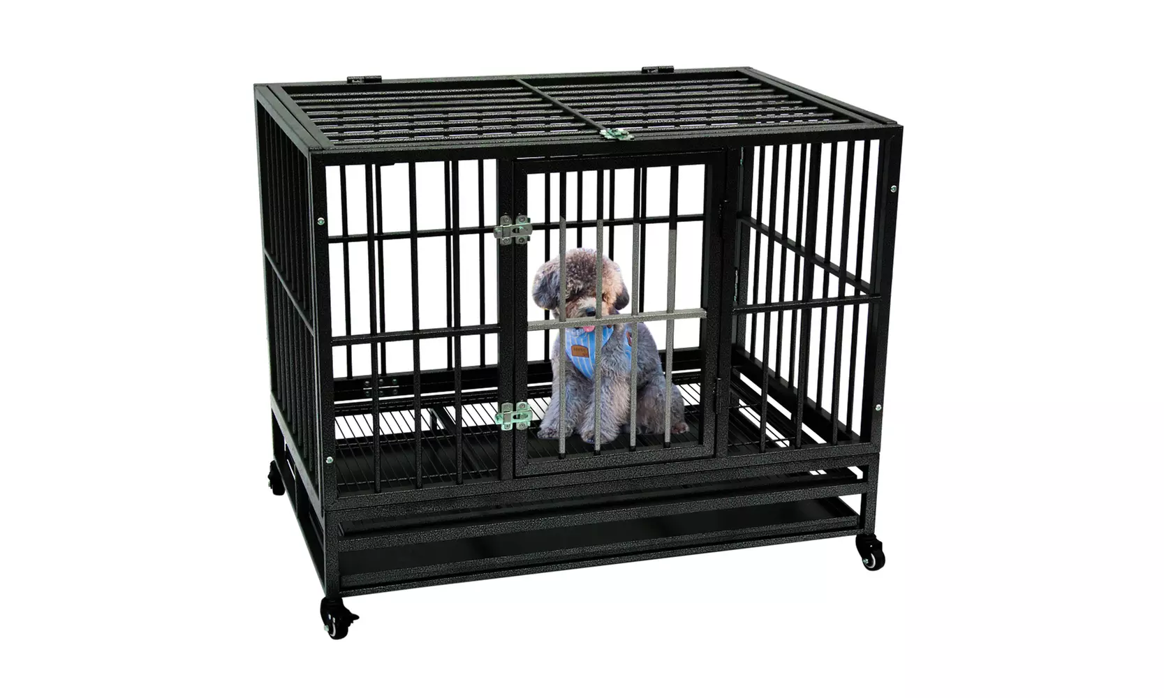 42" Heavy Duty Folding Cage Double Door Dog Crate Pet Metal Playpen with Wheels - Primary Image