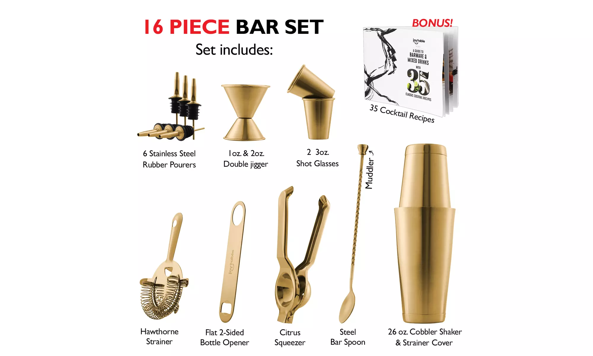 JoyTable Cocktail Shaker Home Bar Set - 16 Piece Bar Set Tools Bartender Kit 