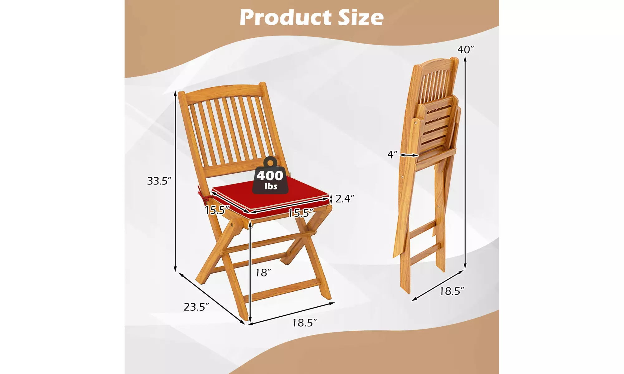 Costway Outdoor Folding Chairs Acacia Wood High-Back Chair with Seat Cushions