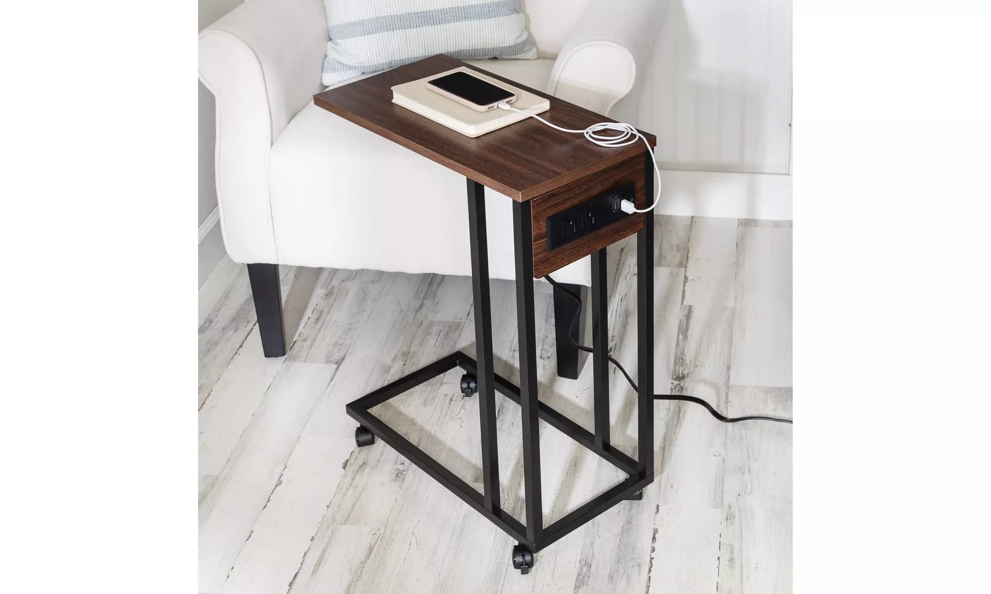 C-Shape Rolling Side Table with Outlets - Primary Image