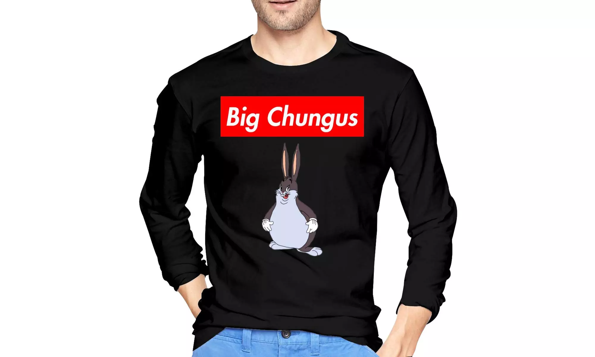 YouNood Mens Funny Big Chungus Long Sleeve T Shirt Black - Primary Image