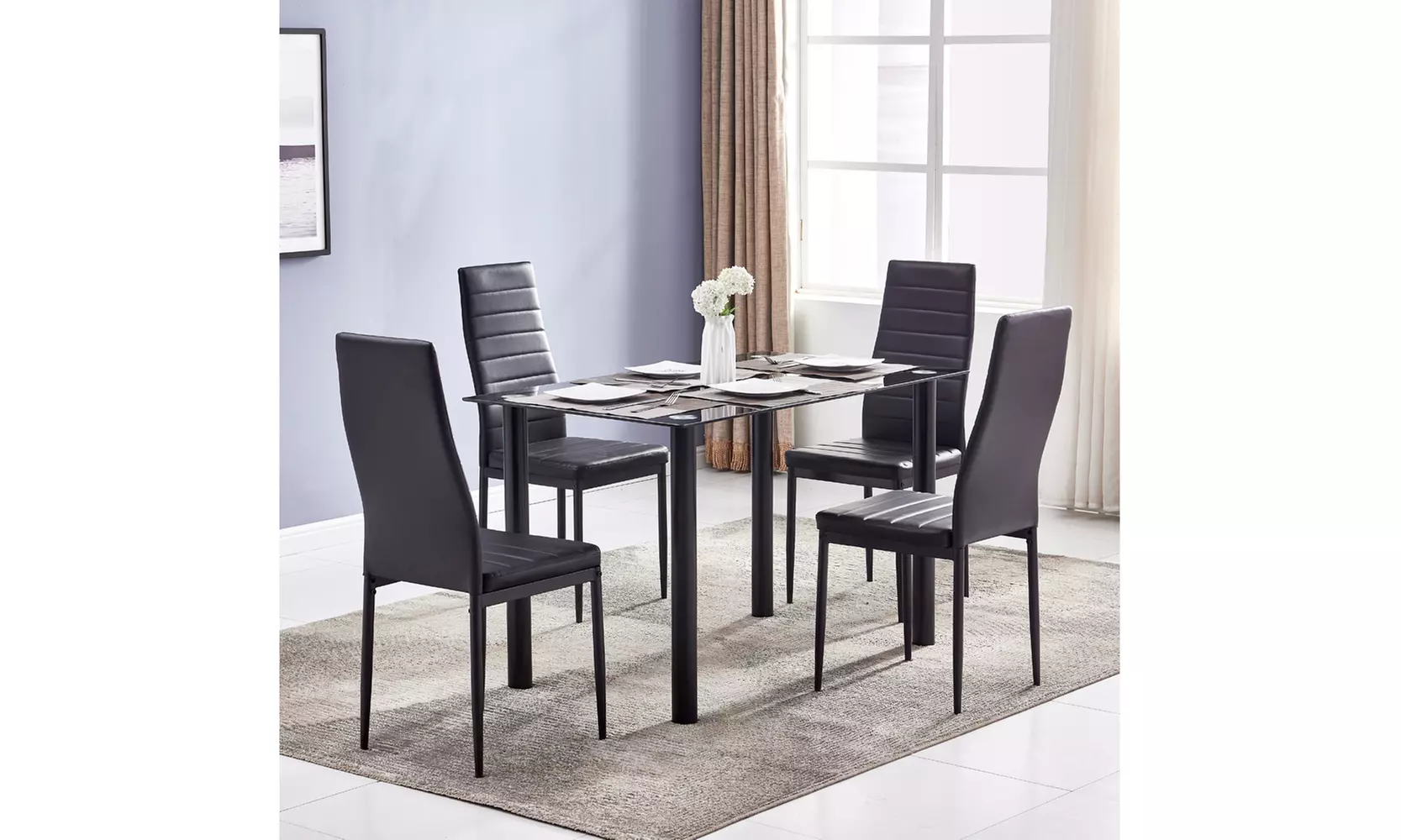DA154 Simple Round Tube Table Set with 4pcs Texture High Backrest Dining Chairs  - Primary Image