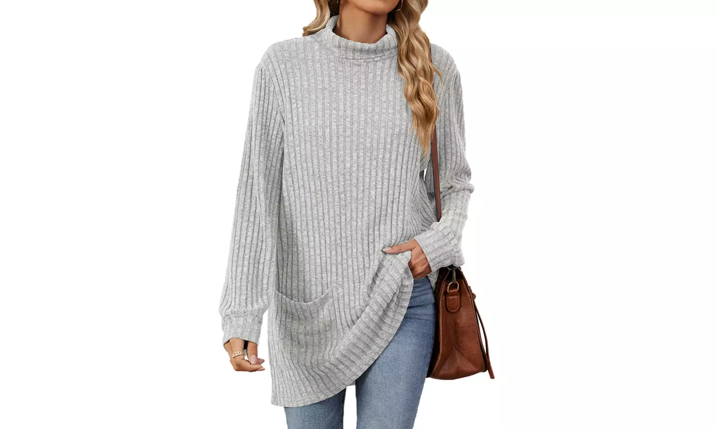 Womens Lightweight Turtleneck Long Sleeve Knit Tunic Top with Pockets