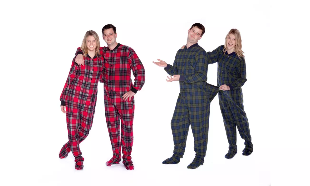 Plaid Flannel Footed Onesie Pajamas with Drop Seat for Men & Women - Primary Image
