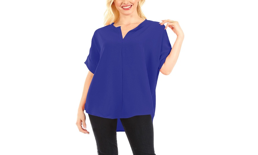 Image 1: Woven V Neck Top Short Sleeve Span Shirts Blouse