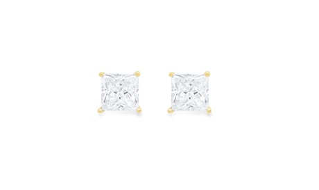 Paris Jewelry 14k Gold PushBack Princess Created Sapphire Stud Earrings 3-4MM 3MM 1 Ct White Princess Yellow Gold