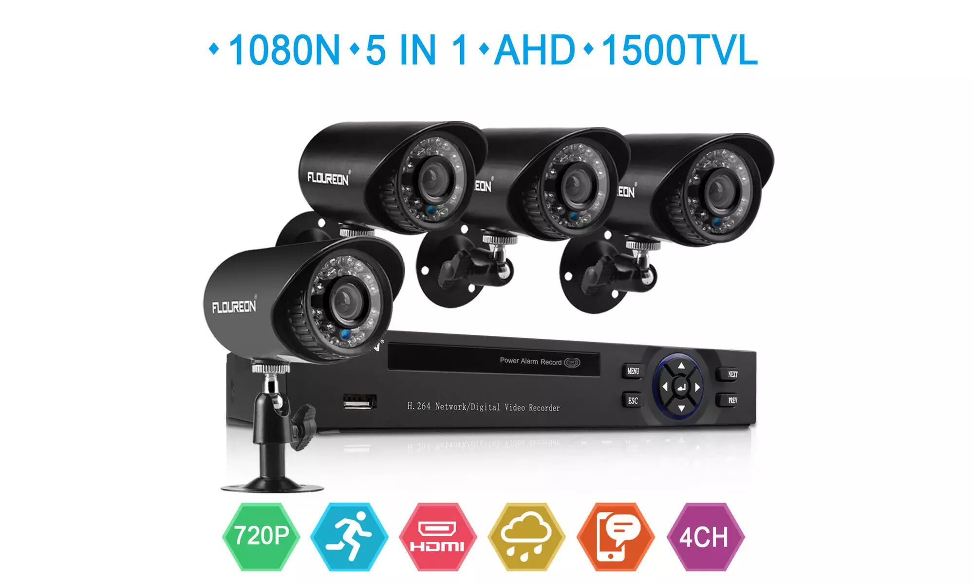 FLOUREON 4CH 1080N AHD DVR Home Outdoor 1500TVL HD 720P 1MP Camera Security Kit - Second Medium