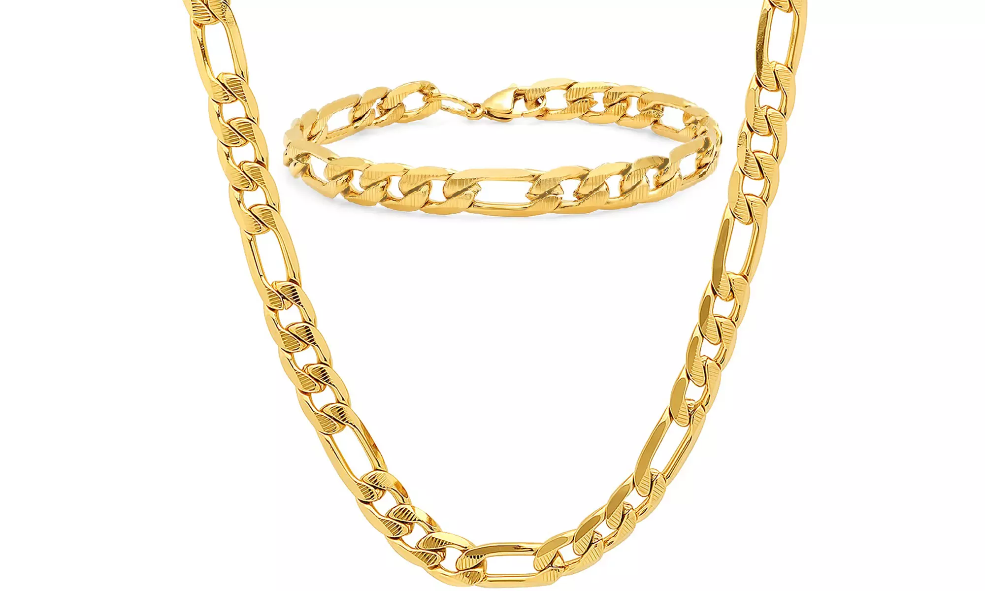 Men's Stainless Steel Figaro Chain And Bracelet Link Set DS