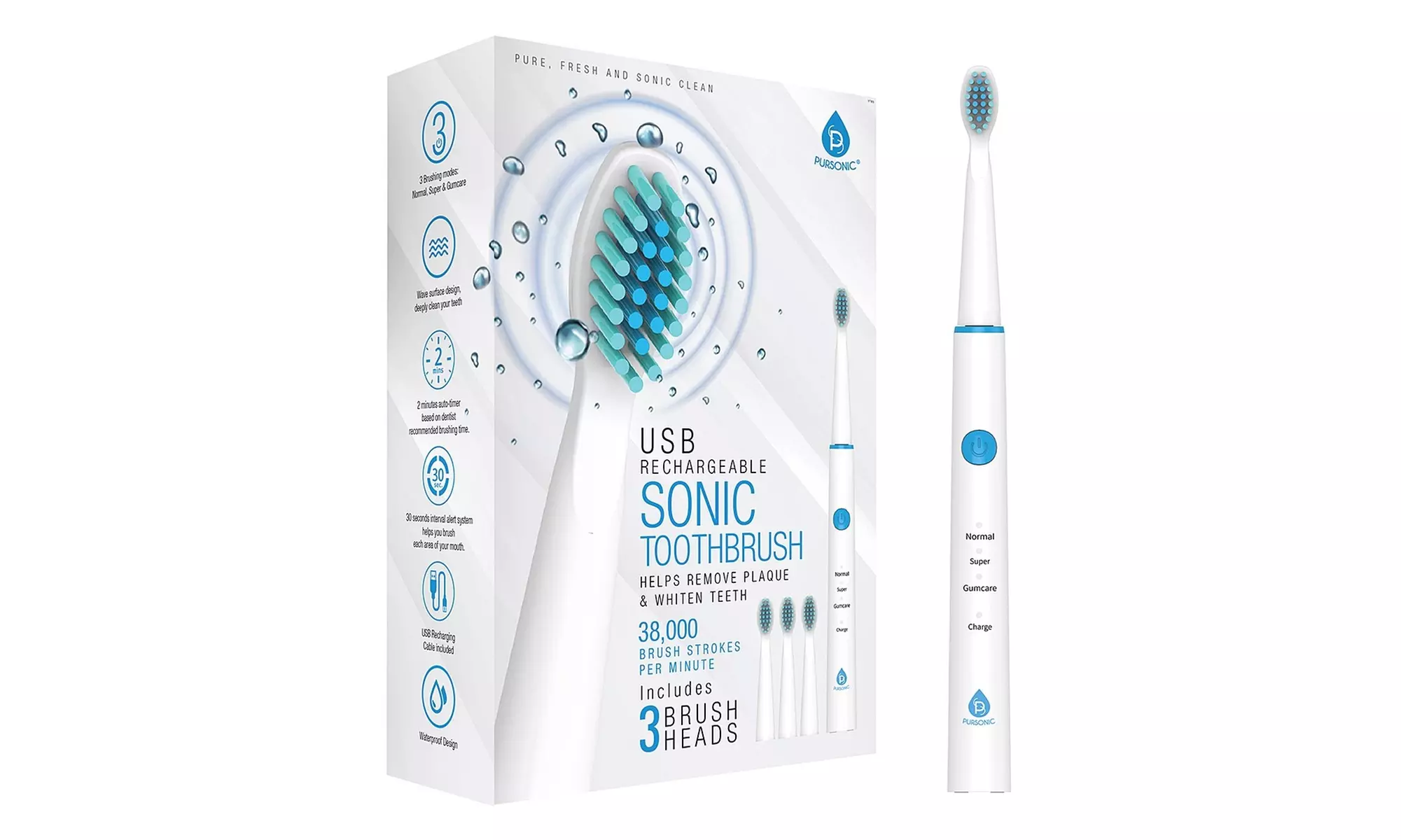 Pursonic Electric Toothbrush, Rechargeable Toothbrush, 5 Modes 3 Brush Heads - Primary Image
