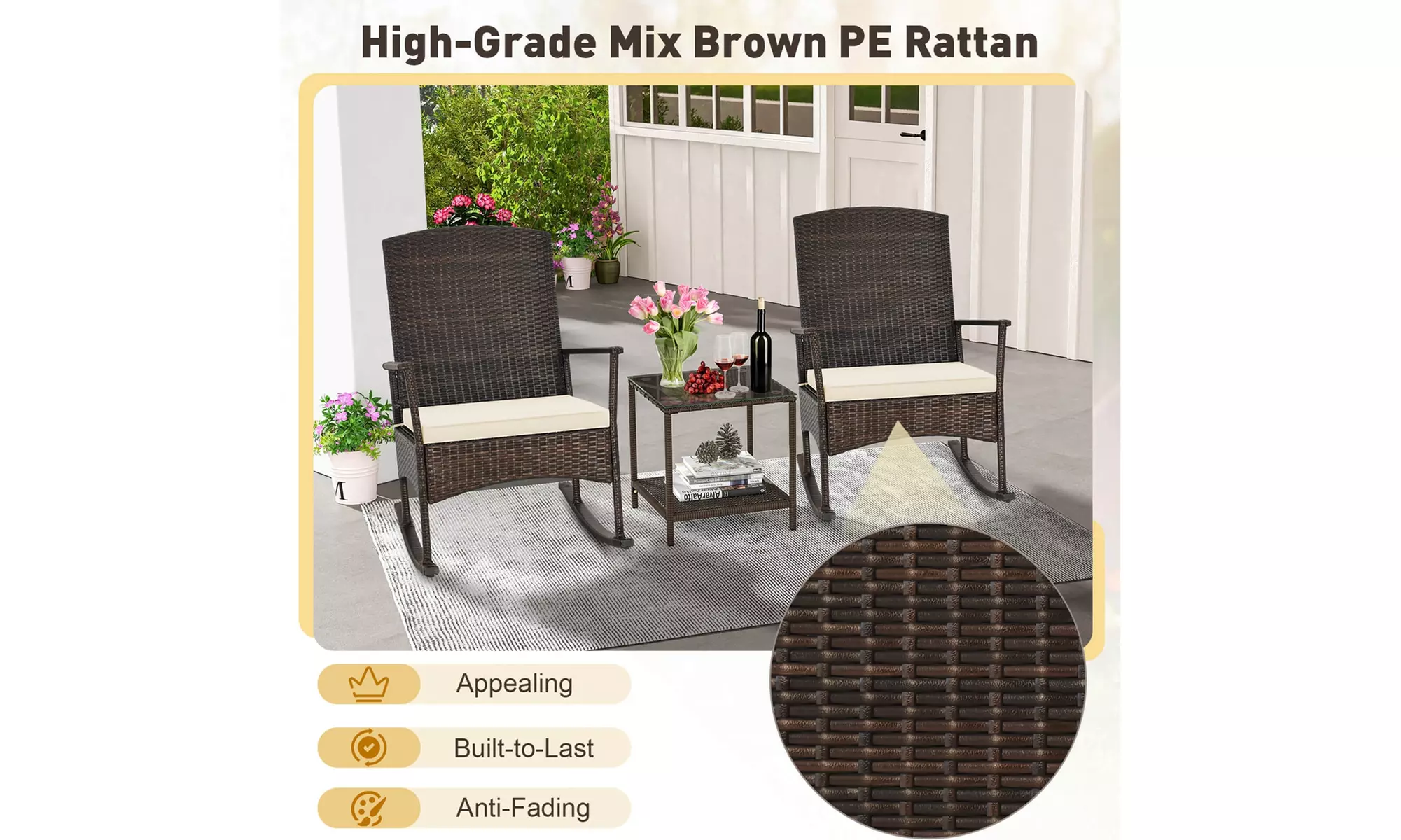 Costway 3 Piece Wicker Patio Set With Rocking Chairs & 2-Tier Coffee Table