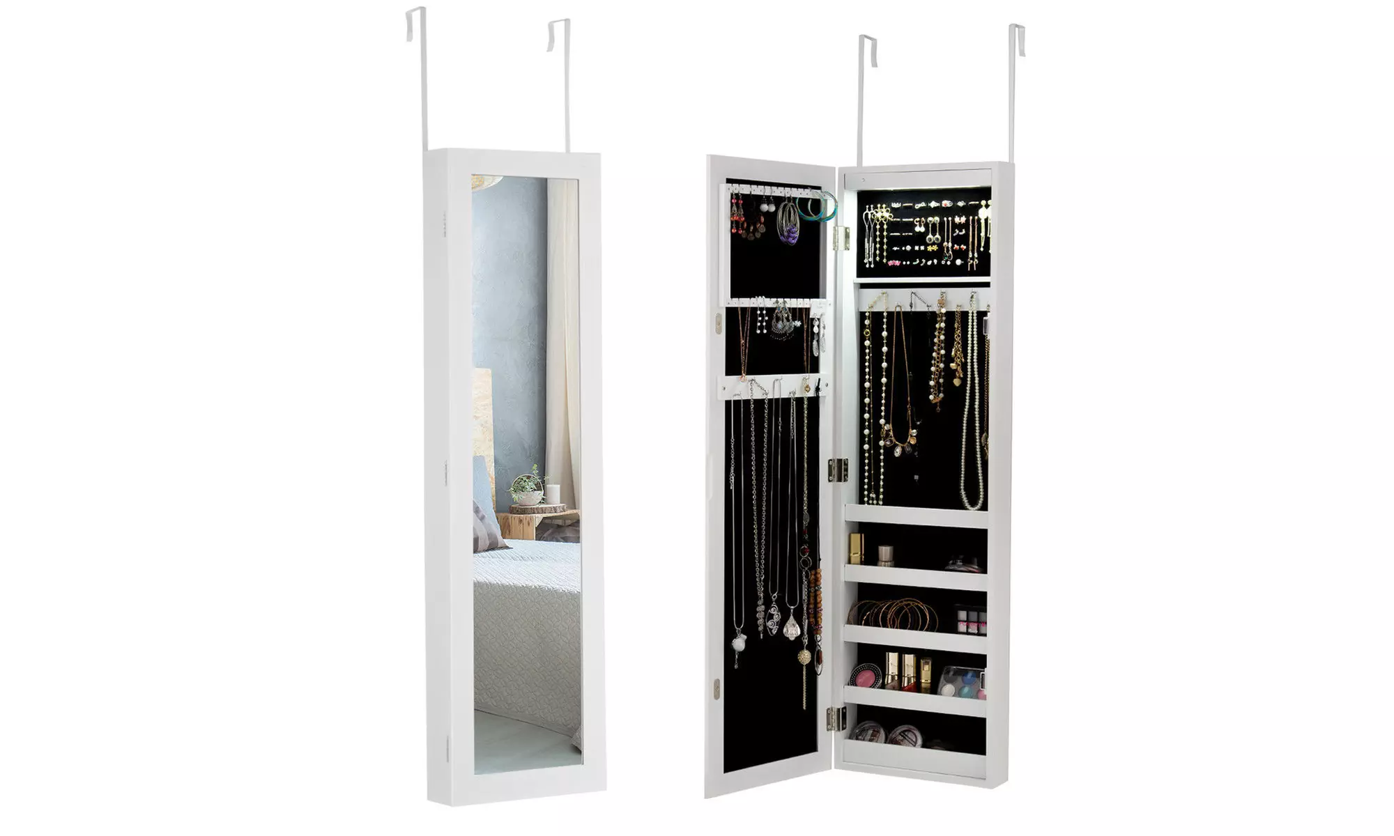 Wall & Door Mounted Mirrored Jewelry Cabinet Organizer Storage w/LED Light White - Primary Image