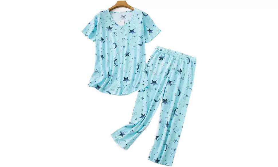 Women Summer Fun Prints Pajama Set Tops Capri Pants Casual Sleepwear