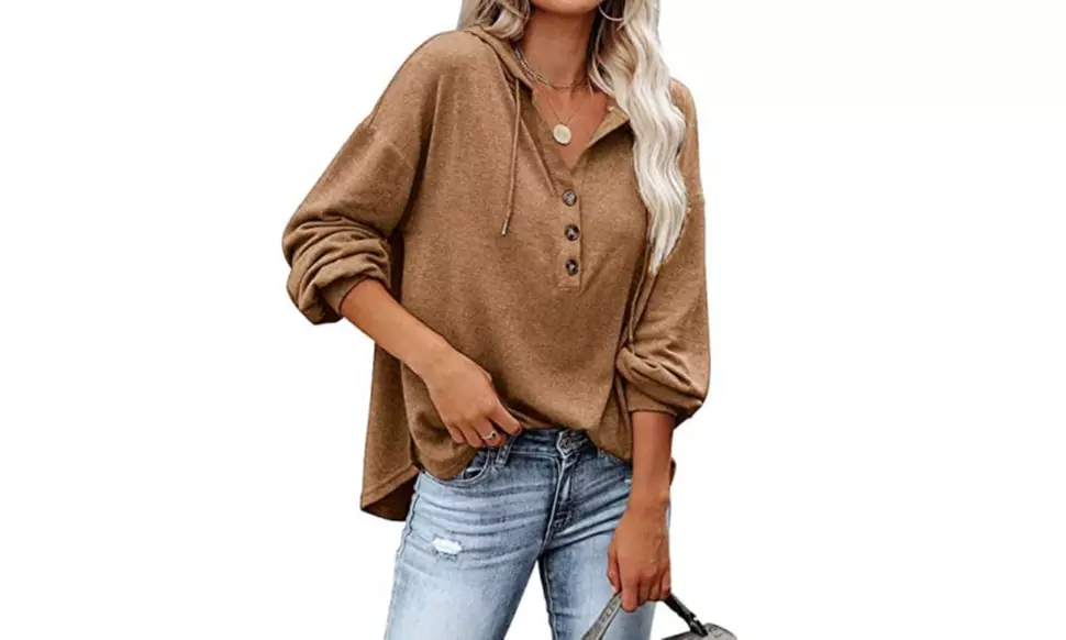 Women Drawstring V Neck Long Sleeve Henley Shirts Button Hoodies Tunic Tops