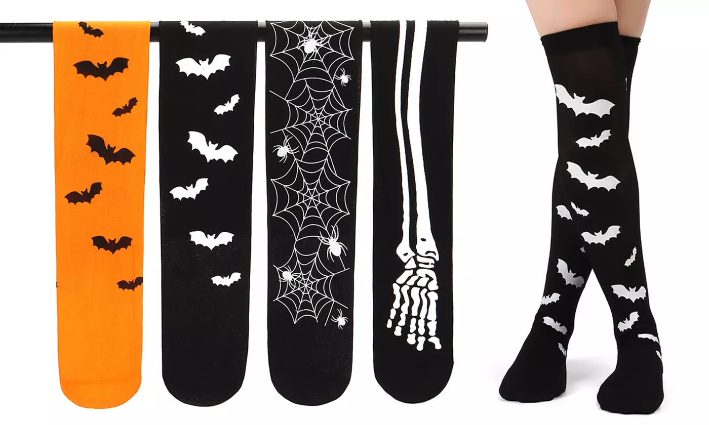 3 Pairs Halloween Thigh High Stockings Over Knee Bat Skeleton Spider Socks - Primary Image
