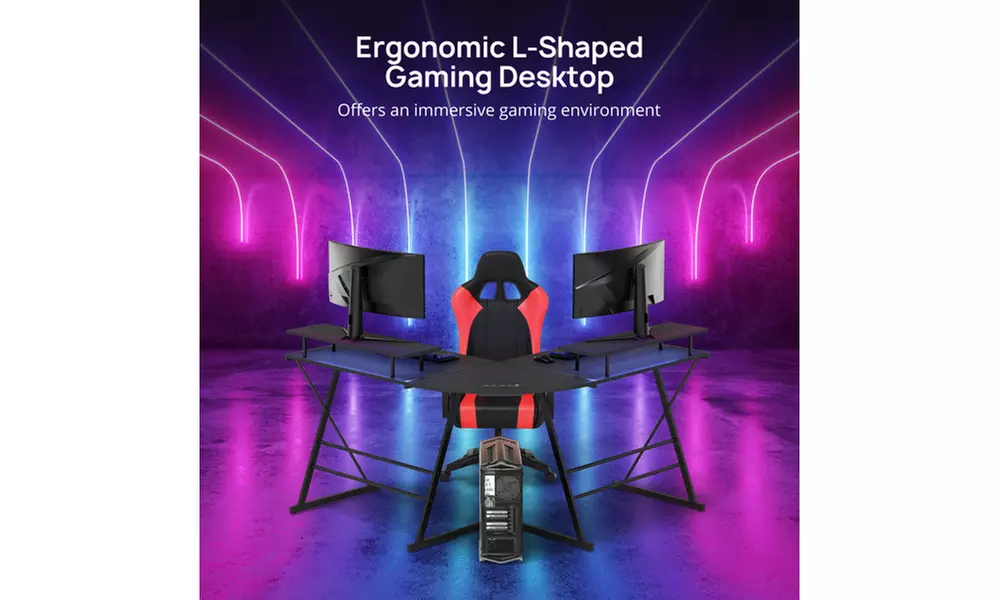 L Shaped Computer Corner Desk,  Ergonomic Gaming Table with Monitor Stands - Second Medium