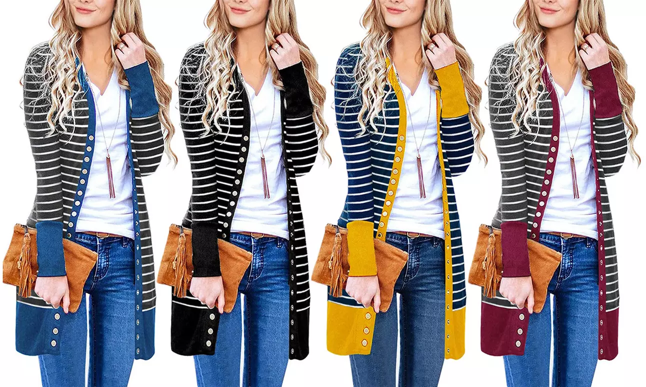 Haute Edition Long Line Button Cardigan with Contrast Colorblock Stripe - Primary Image