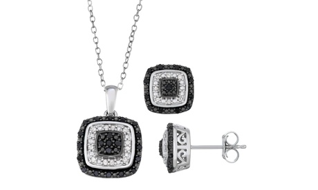 Silver Round Black White Diamond Cushion Frame Pendant Necklace And Earrings Set I3 I-J Round 1/2 Ct 0.03 Good Cut