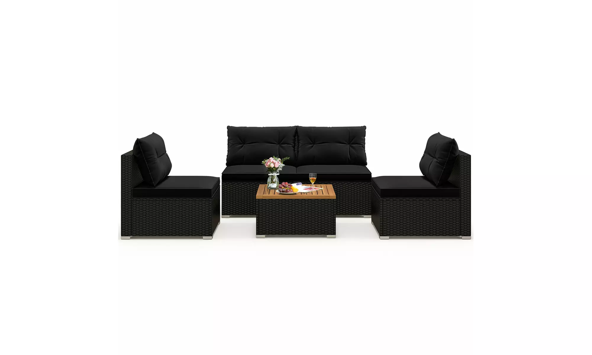 5 Piece Patio Rattan Furniture Set Acacia Wood Table Top Sofa Cushion Deck