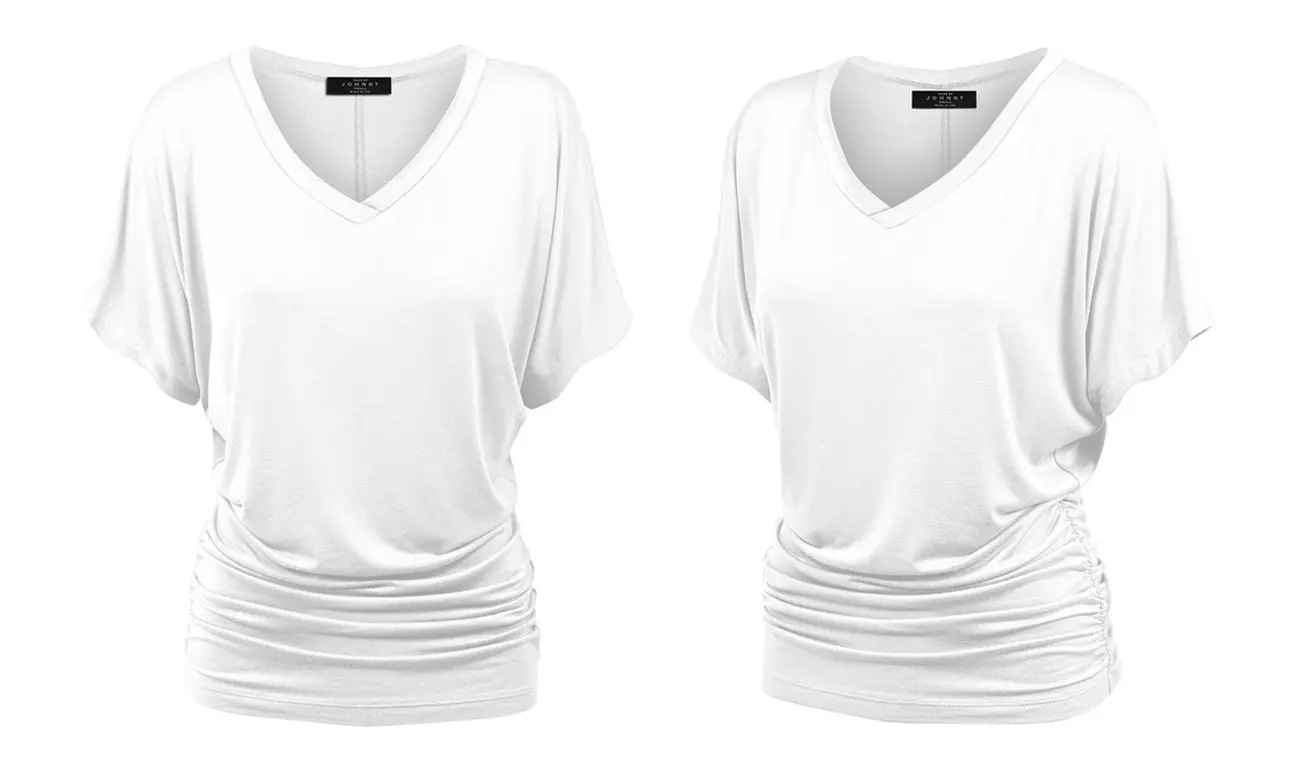 Made by Johnny Womens Solid Short Sleeve V-Neck Dolman Top with Side Shirring