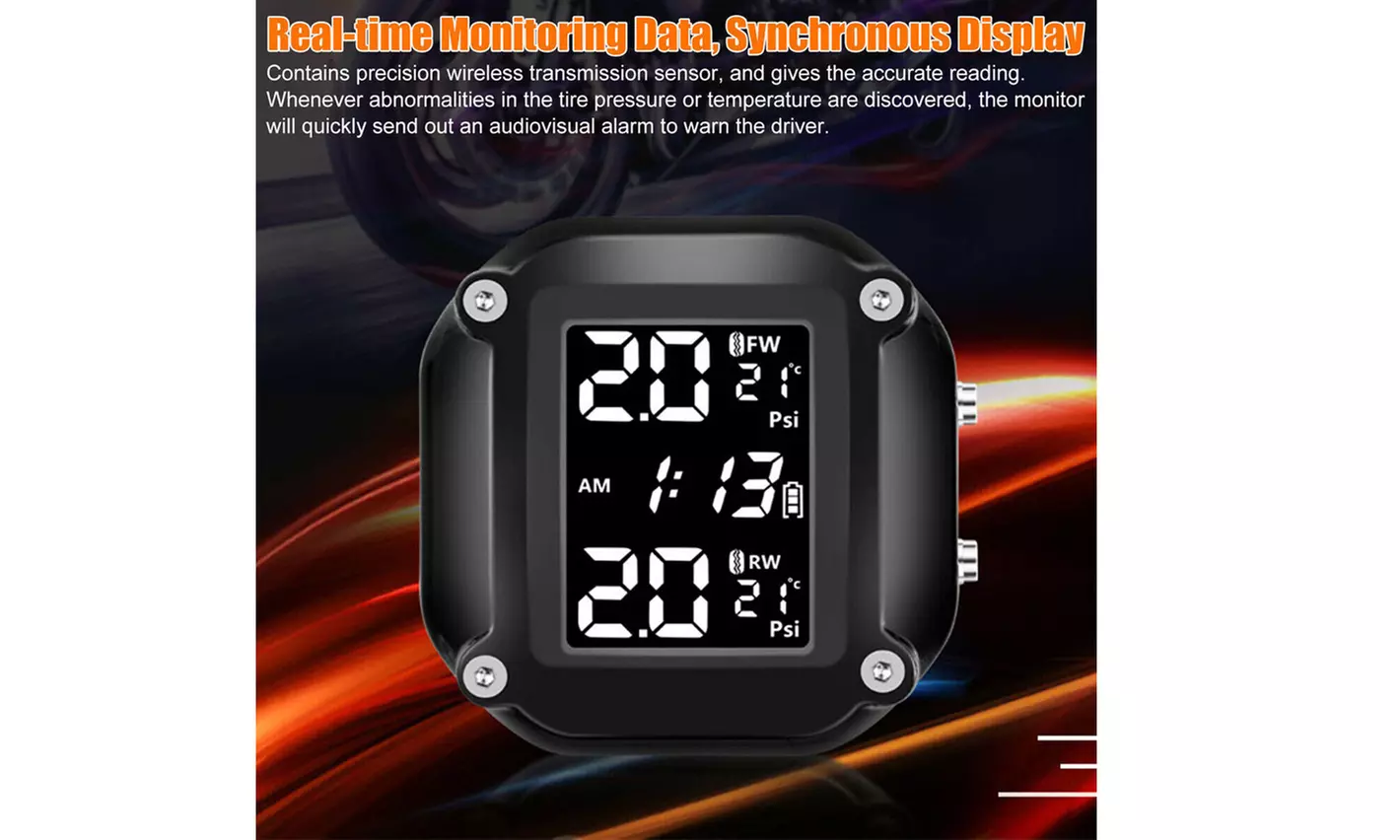 Wireless Motorcycle TPMS Tire Tyre Pressure Monitor System w/ 2 External Sensors