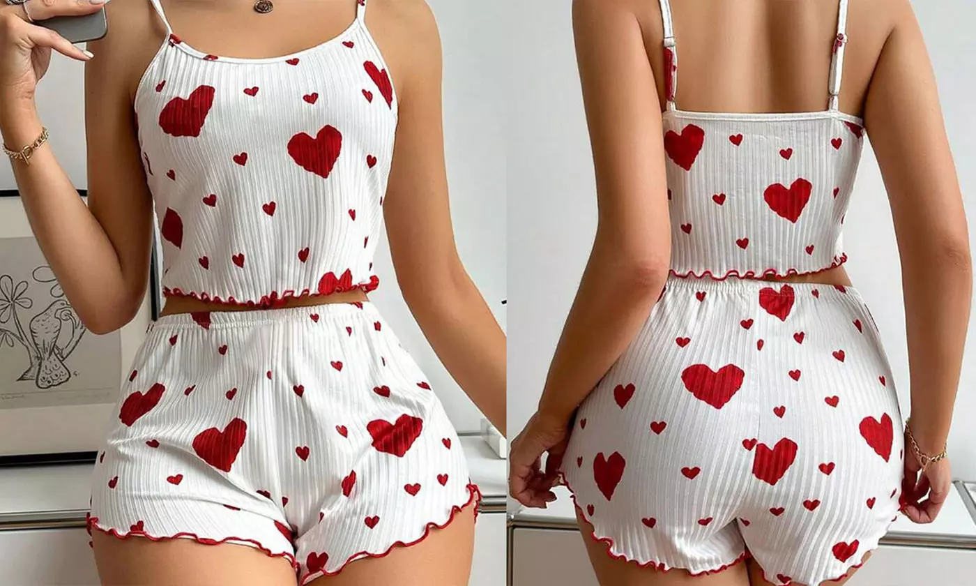 Women Cute Heart Printed Cami Top and Shorts Pajama Sets