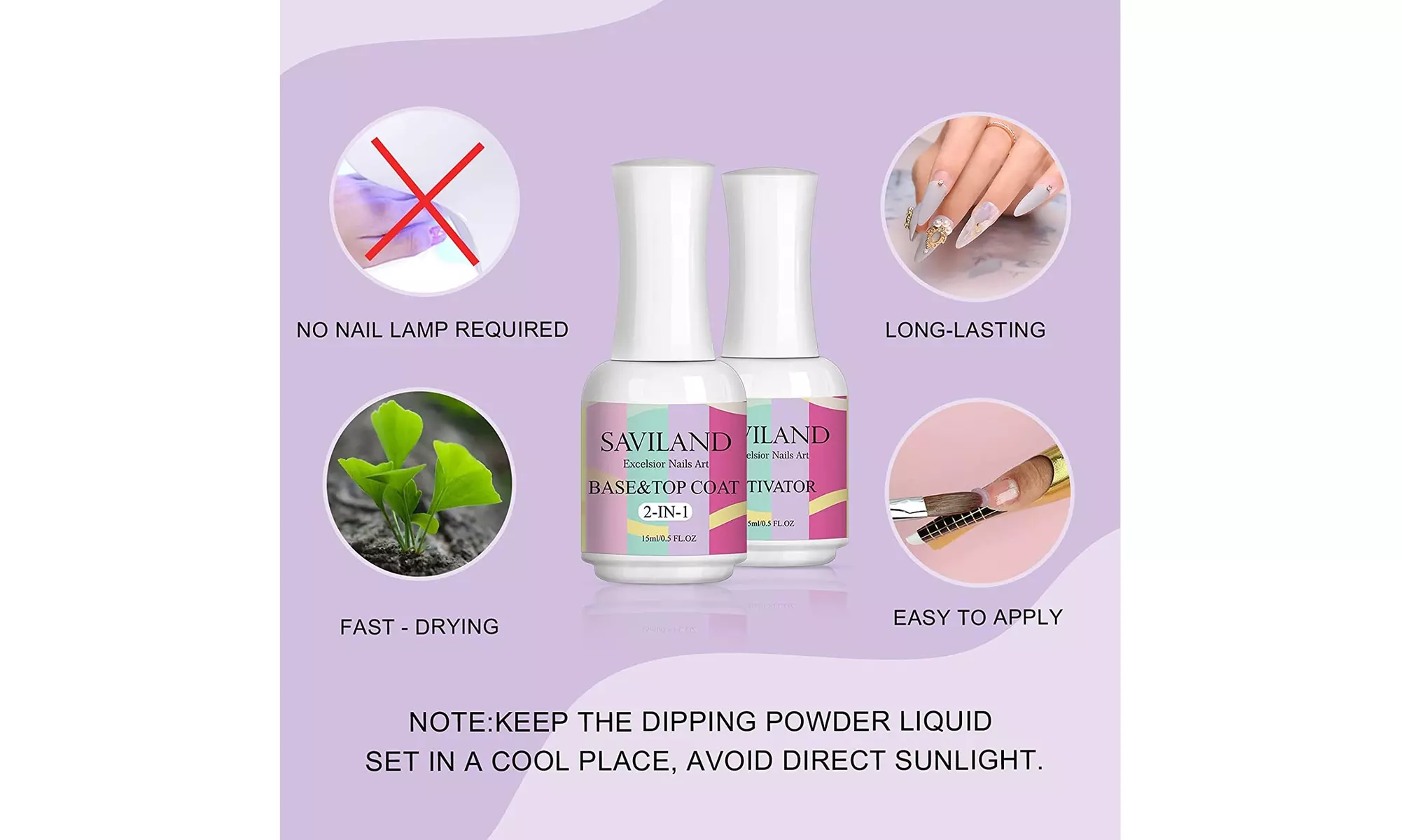 Saviland Dipping Powder Liquid Set Dip Powder Base & Top Coat with Activator - Second Medium