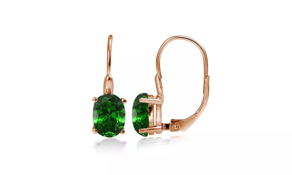 Rose Gold Flash Sterling Silver Simulated Emerald 8x6mm Oval Drop Earrings - Primary Image