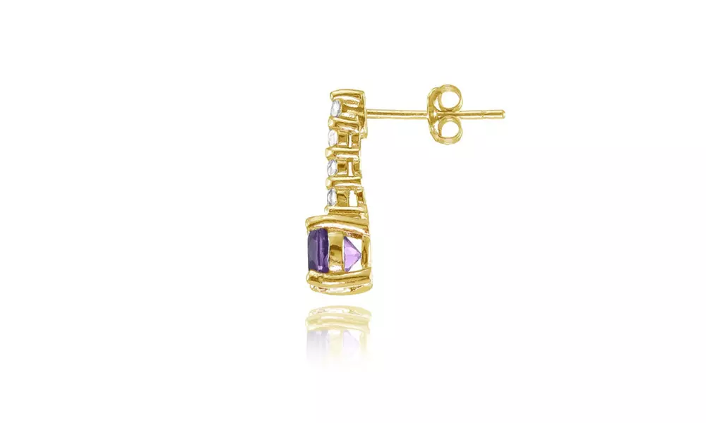 Yellow Gold Flashed Silver African Amethyst & White Topaz 5-Stone Drop Earrings