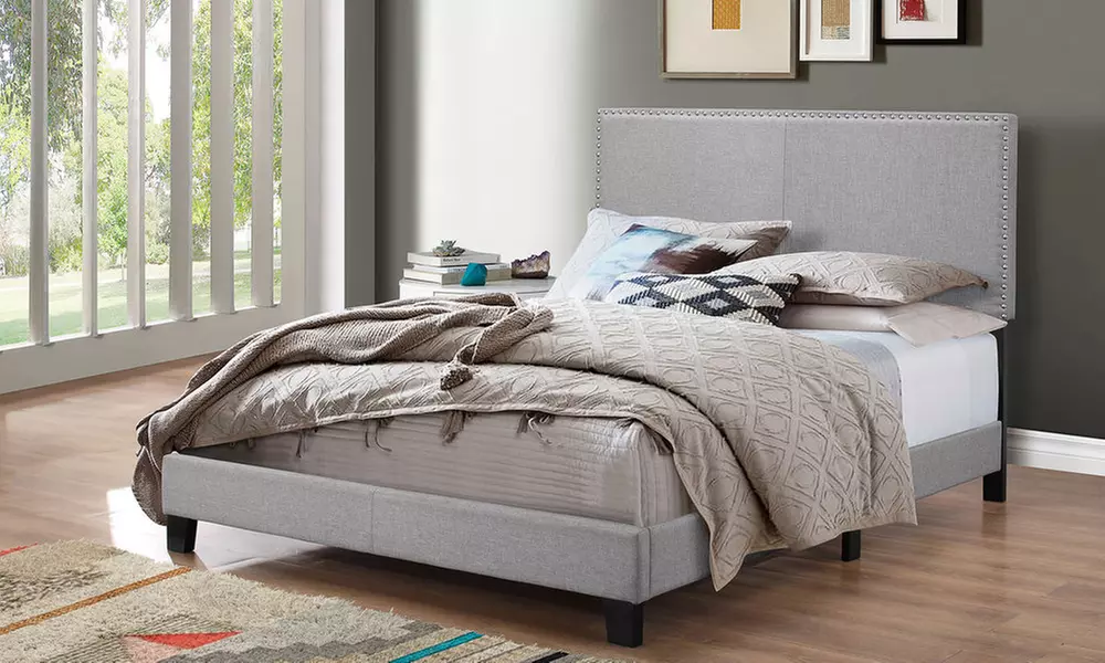 Ramon Queen Size Fabric Platform Bed with Nailhead Trim - Primary Image