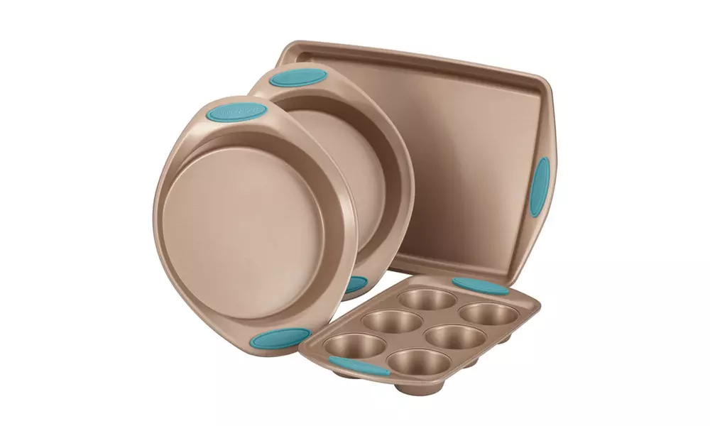 Rachael Ray Cucina Nonstick Bakeware 4pc Set, Latte Brown w Agave Blue Grips - Primary Image
