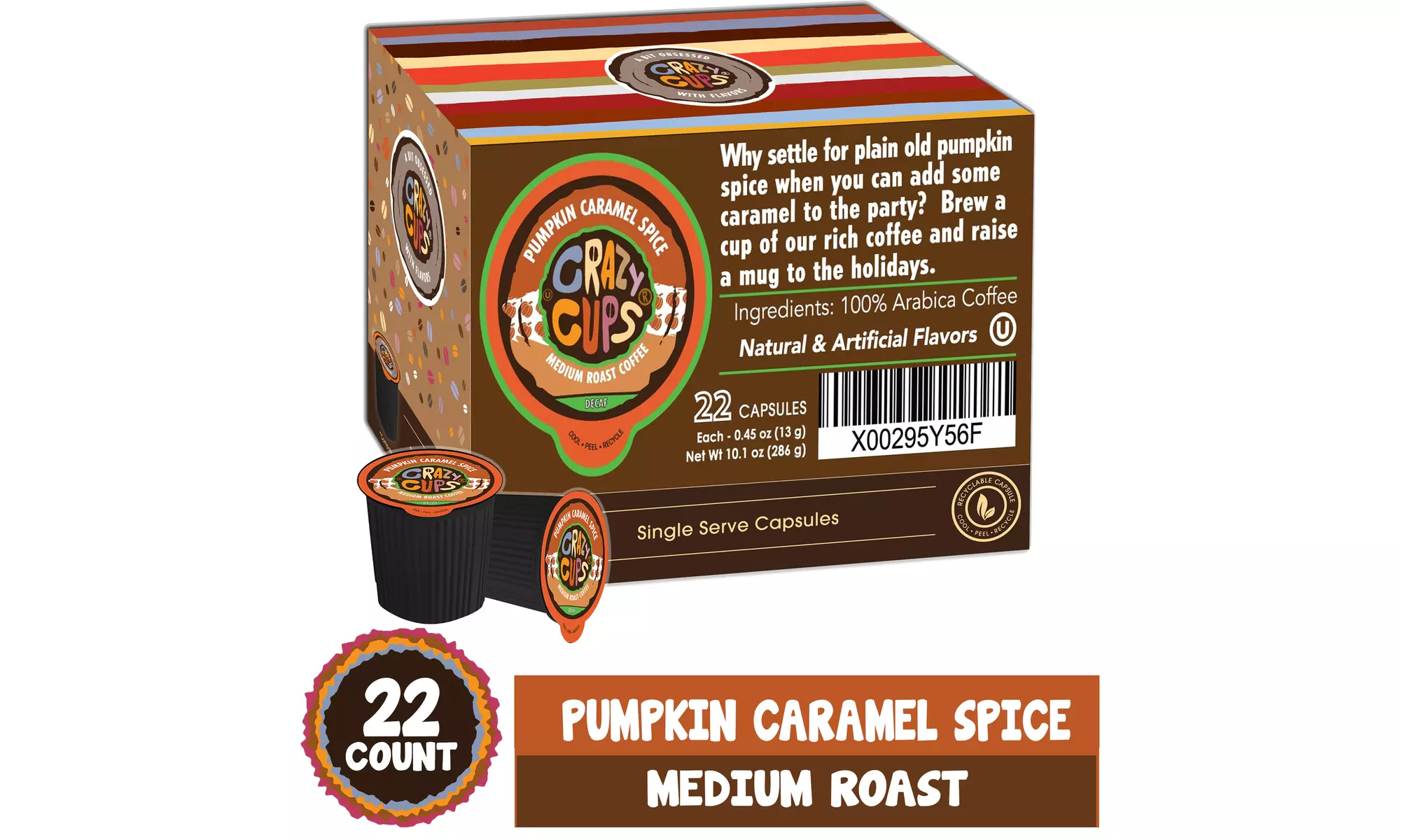 Crazy Cups Decaf Pumpkin Caramel Spice Hot or Iced Coffee K Cups 22 or 80 Count