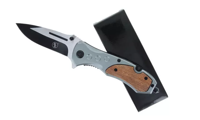 4.5" Matt W/Wood Insert Handle & Window Breaker Pocket Knife W/Clip