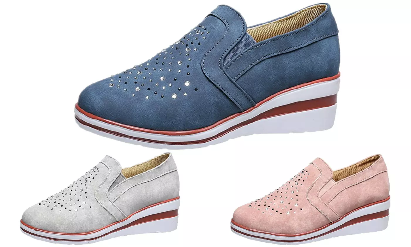 Women's Comfort Slip On Platform Low Top Wedge Loafers with Sparkles (size 6-10) - Primary Image