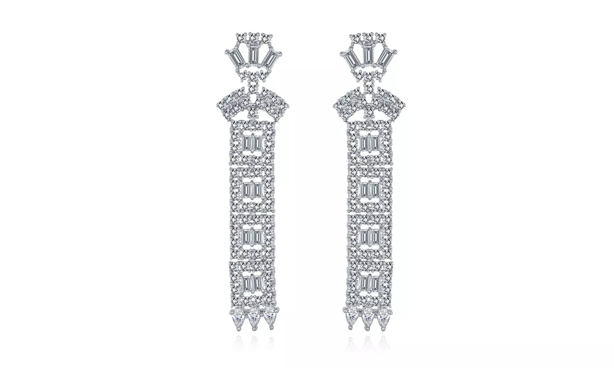 Asian Bride Cubic Zirconia Column Statement Chandelier Earrings Silver Plated - Primary Image