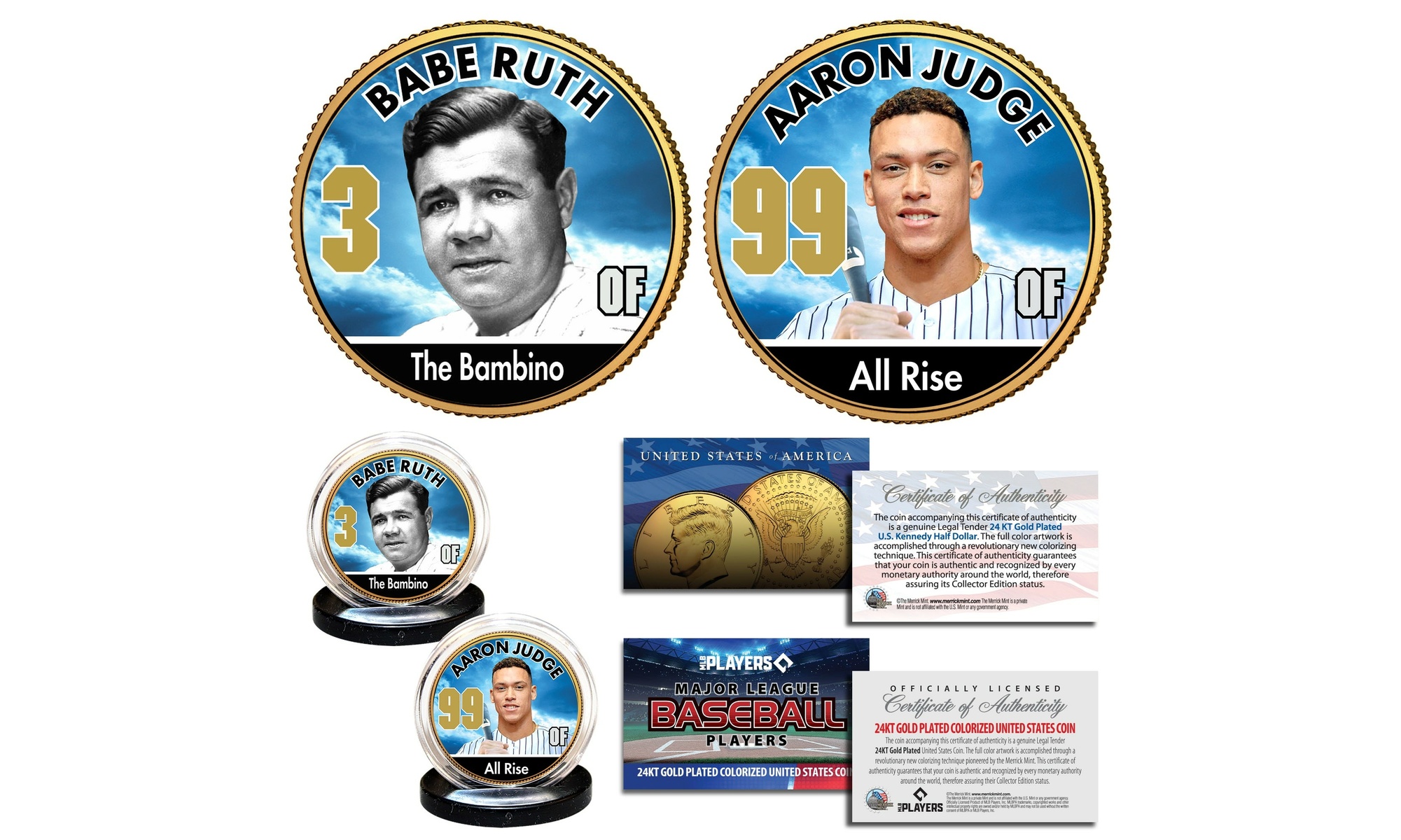 Babe Ruth & Aaron Judge Licensed New York Yankees 24K Gold Plated JFK 2-Coin Set
