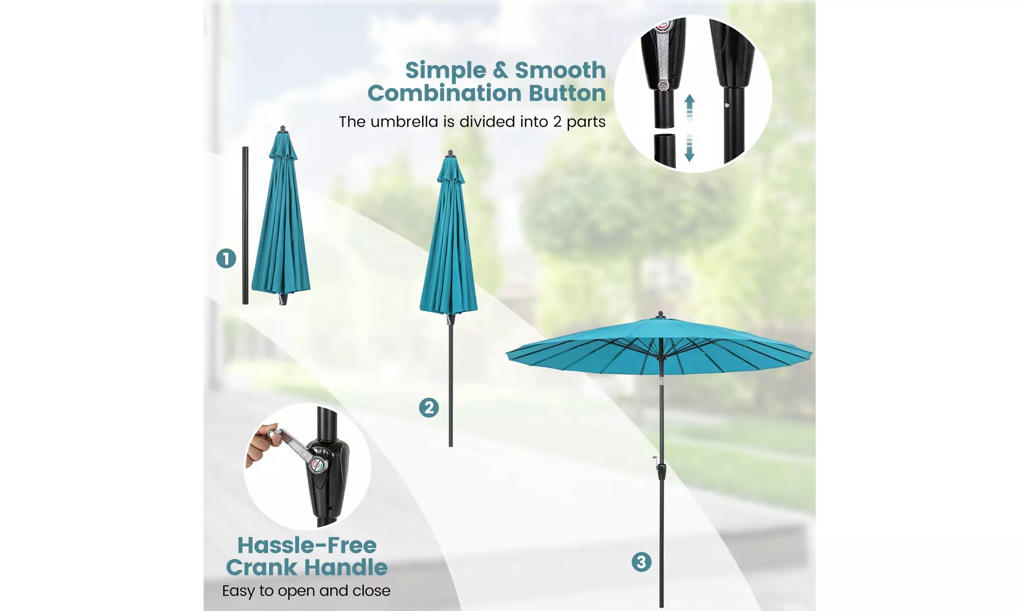 Costway 9 FT Round Patio Umbrella with Push Button Tilt & Crank Handle