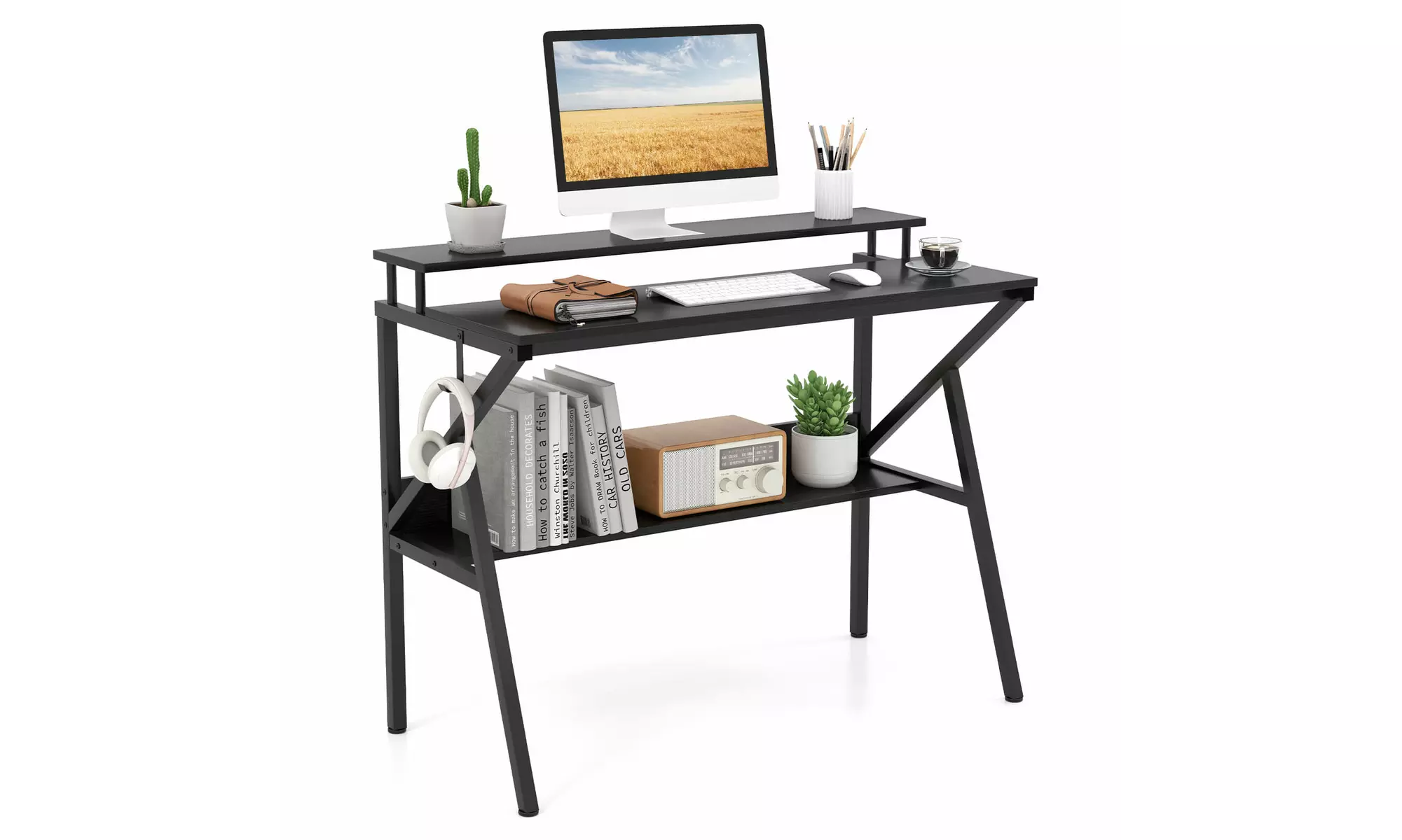 Costway Home Office Desk with Monitor Stand, Open Shelf and Metal Frame