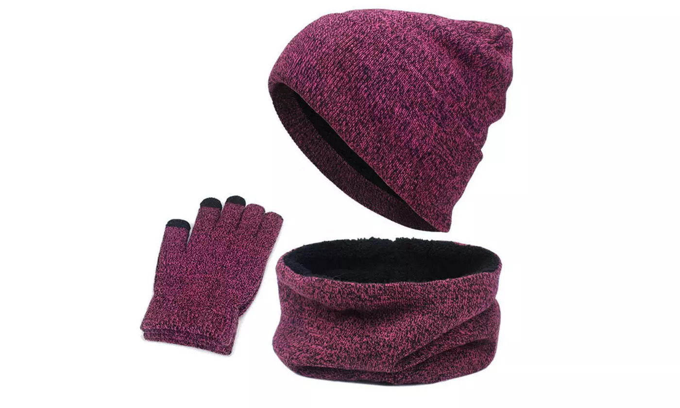 Winter Warm Knit Fleece Lined Beanie Hat Scarf Touchscreen Gloves Set