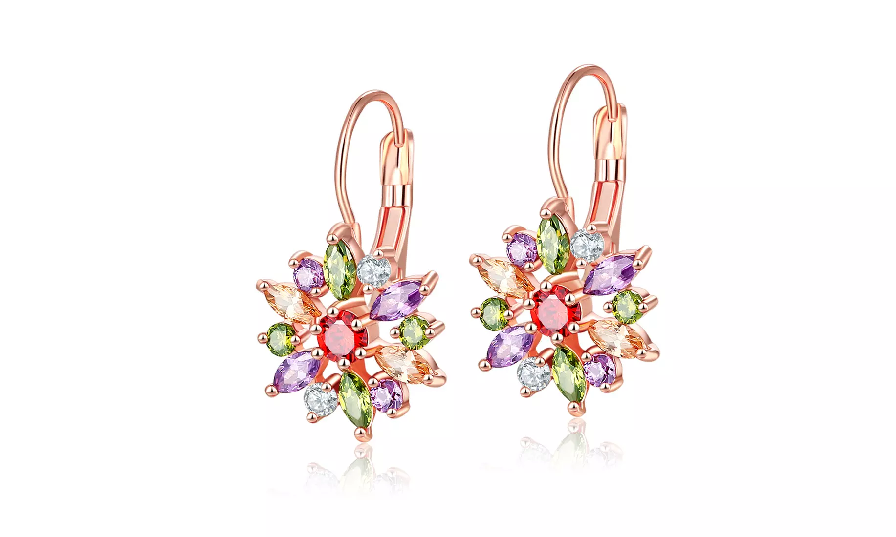 18K Rose Gold Plated Multi-Colored Crystal Flower Lever-back Earring