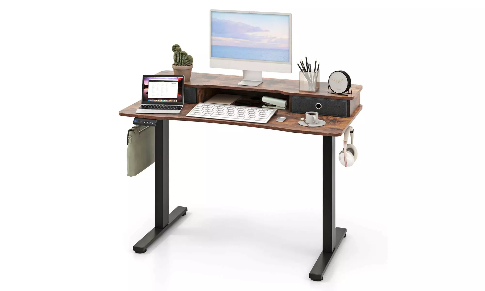 Costway Electric Standing Desk with 2 Drawers Monitor Stand Storage Shelf