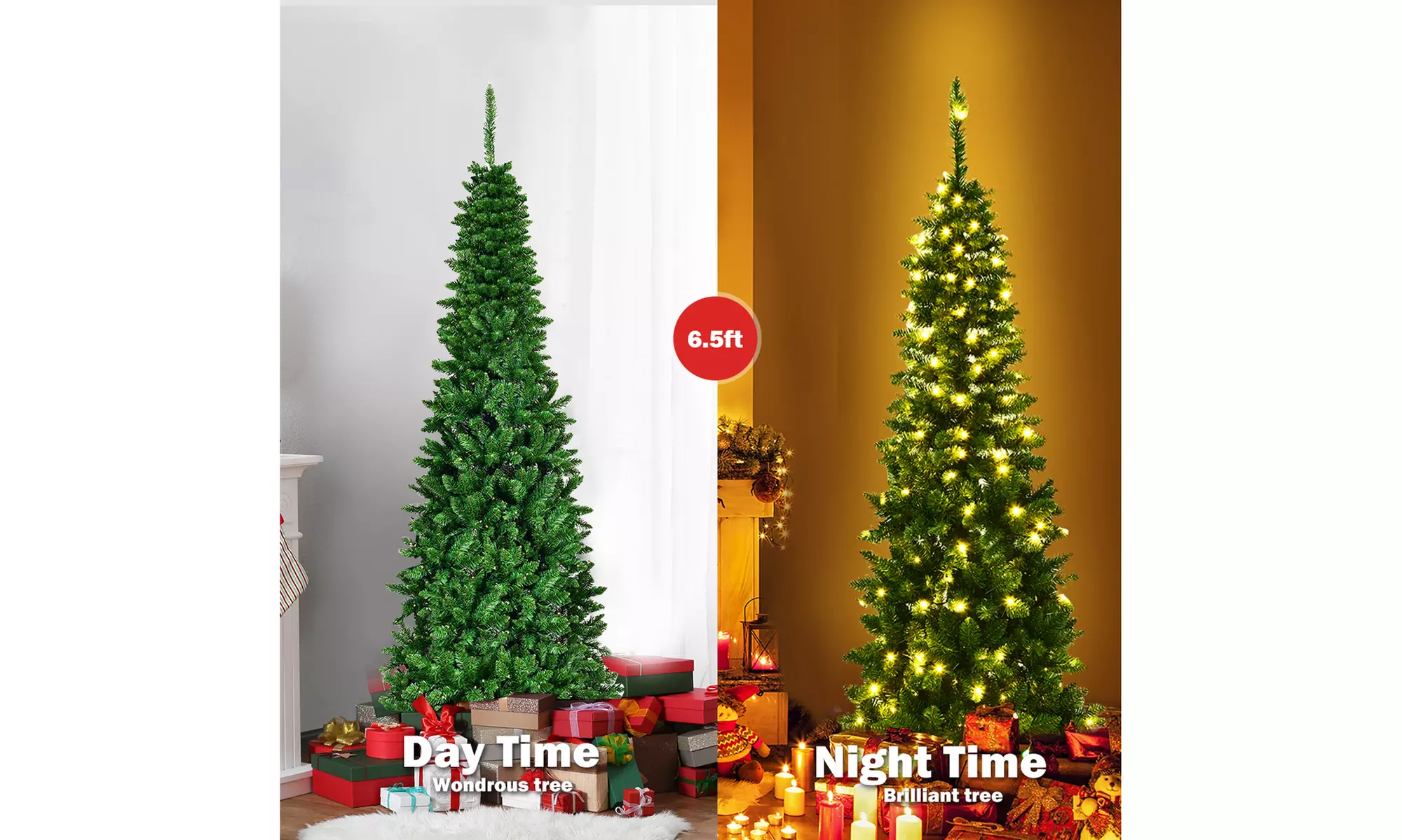 Costway 6.5ft Pre-Lit Hinged Artificial Pencil Christmas Tree with 250  Lights