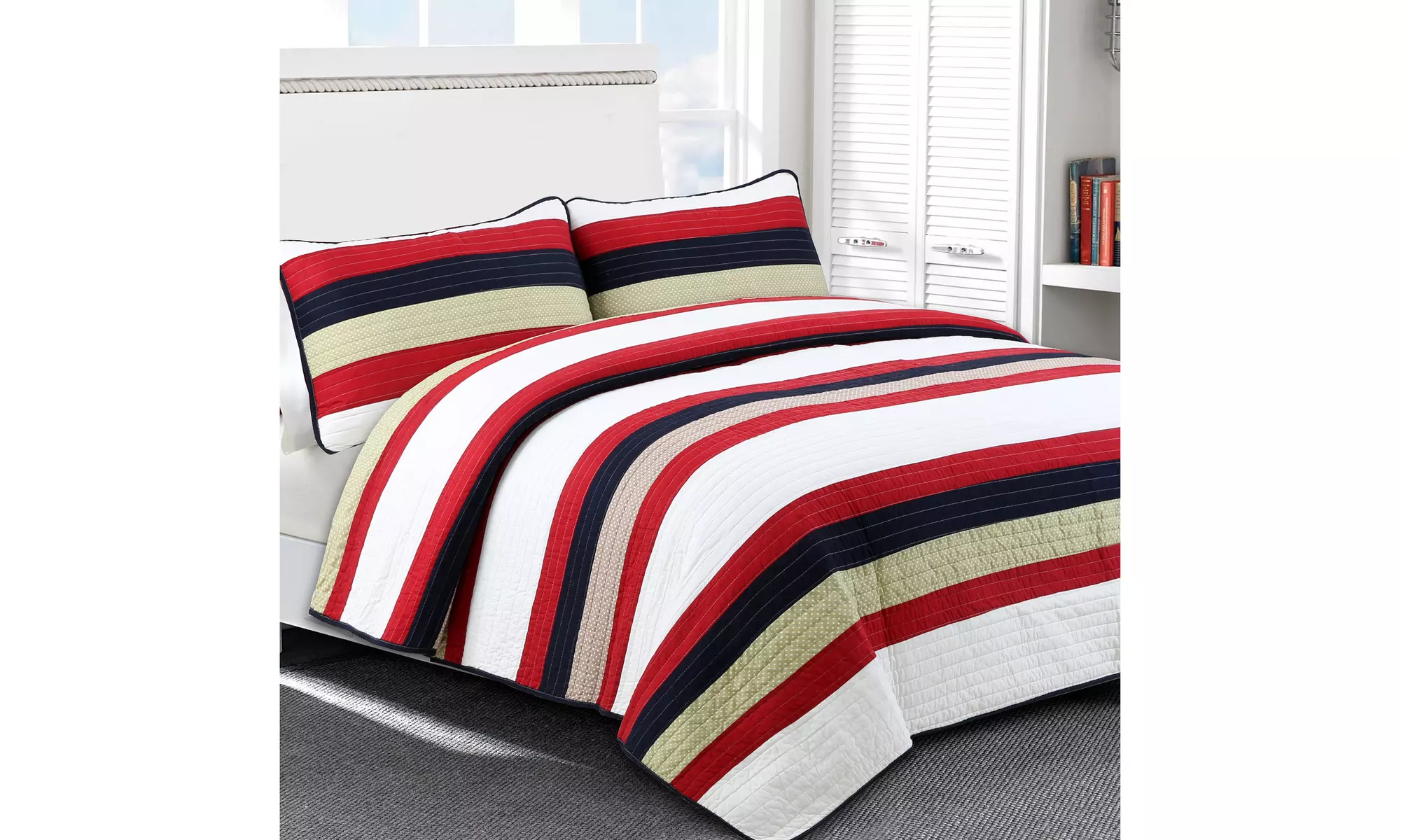 Rugby Tailored Stripe Reversible Quilt Set, 100%Cotton, (2 or 3-Piece) - Second Medium