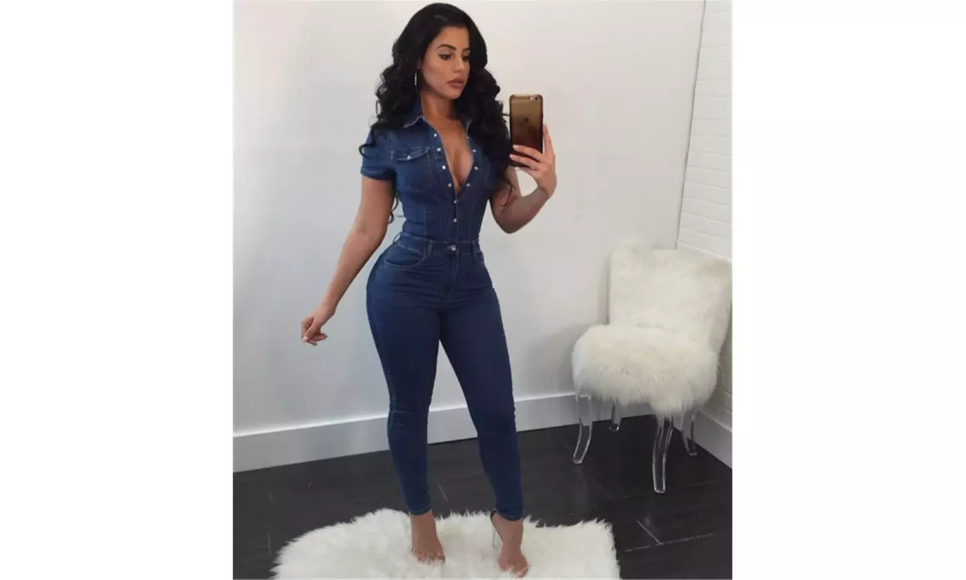 Jumpsuits for Women, Sexy V Neck Jeans Denim Bodycon Jumpsuit Rompers - Second Medium