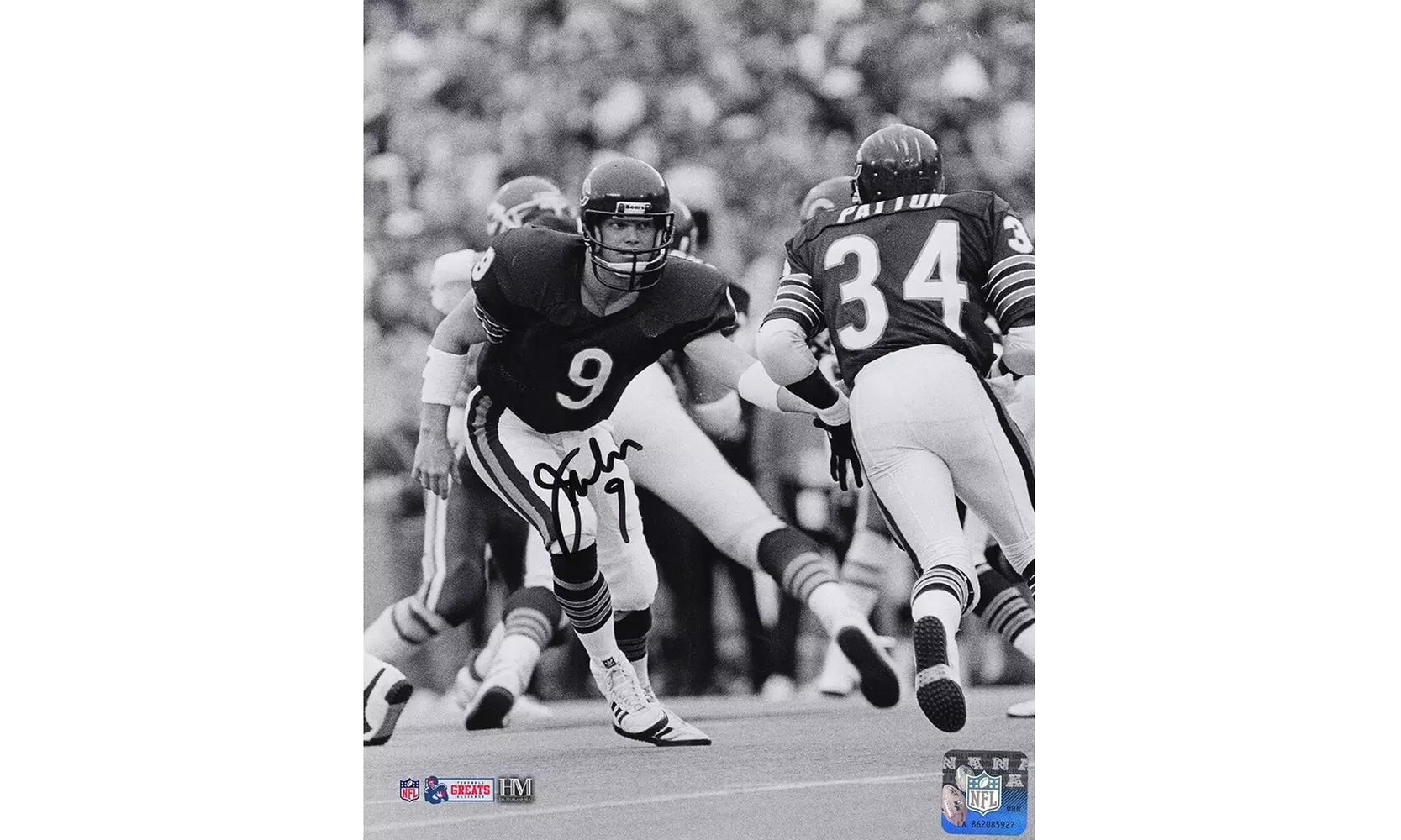 Jim McMahon Signed Chicago Bears Hand Off To Walter Payton B&W 8x10 Photo - Primary Image