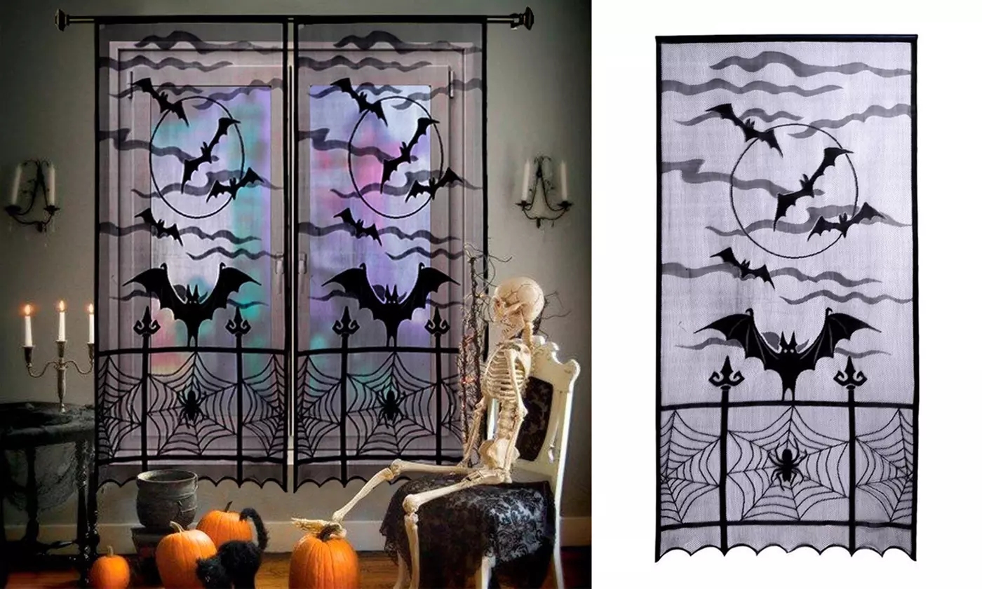 Halloween Black Lace Window Curtain Spider Web Bats Door Curtain Panel Decor - Primary Image